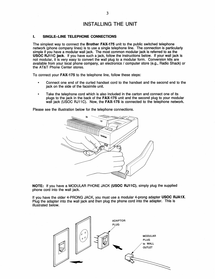 Installing the unit | Brother FAX-175 User Manual | Page 9 / 42