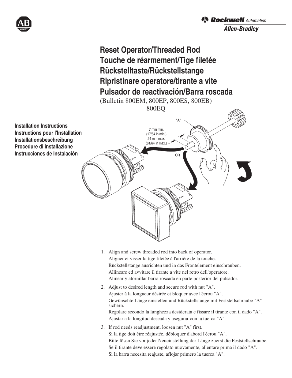 Rockwell Automation 800EM_EP_ES_EB_EQ Reset Operator / Threaded Rod User Manual | 2 pages