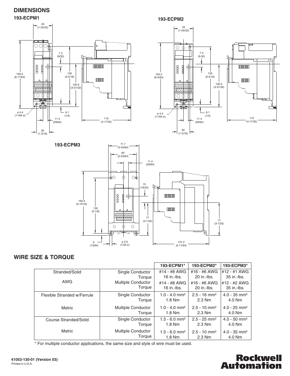 Dimensions wire size & torque, Ecpm1 | Rockwell Automation 193-ECPM3 Panel or DIN Rail Adapter User Manual | Page 2 / 2