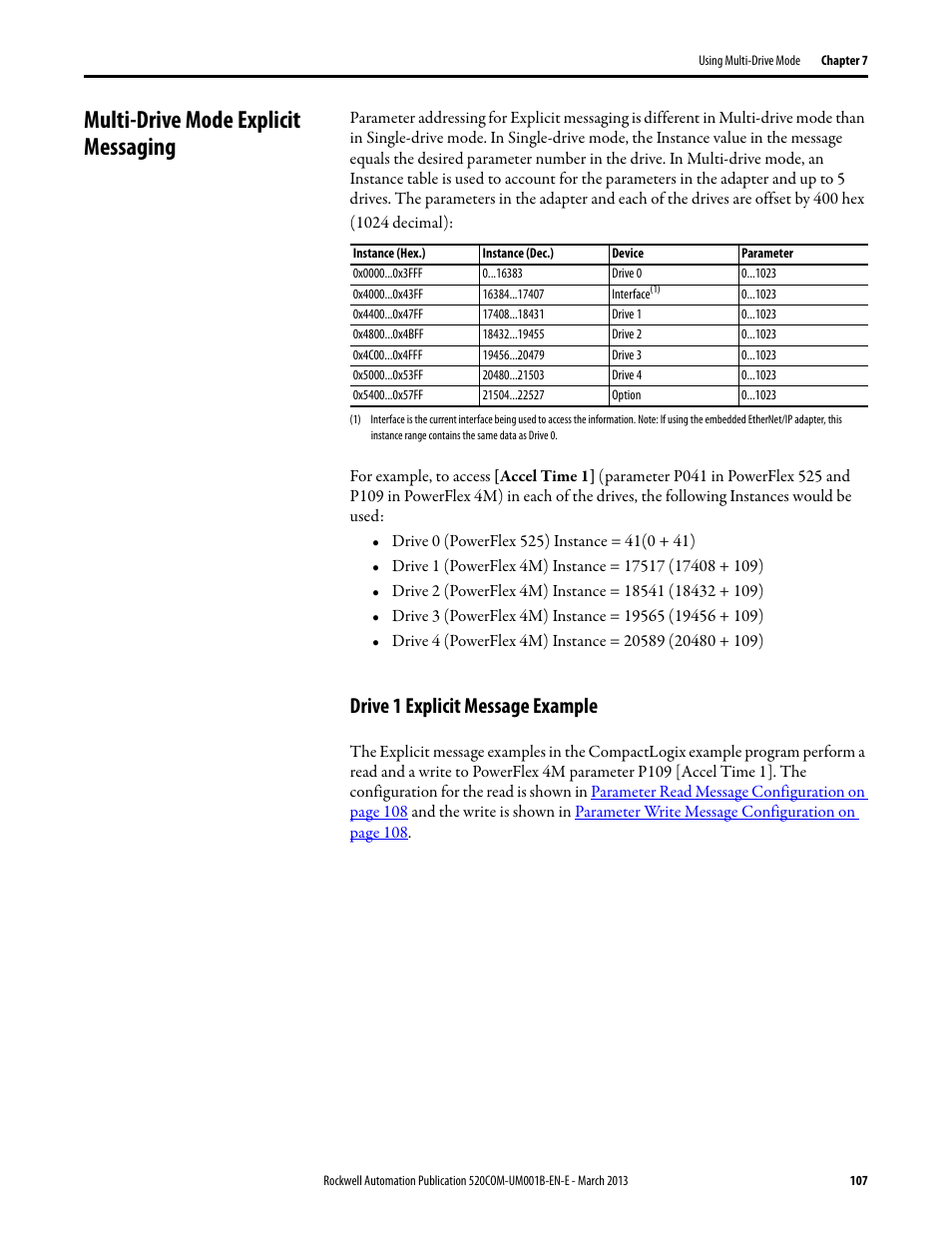 Multi-drive mode explicit messaging, Drive 1 explicit message example | Rockwell Automation 25B PowerFlex 525 Embedded EtherNet/IP Adapter User Manual | Page 107 / 166