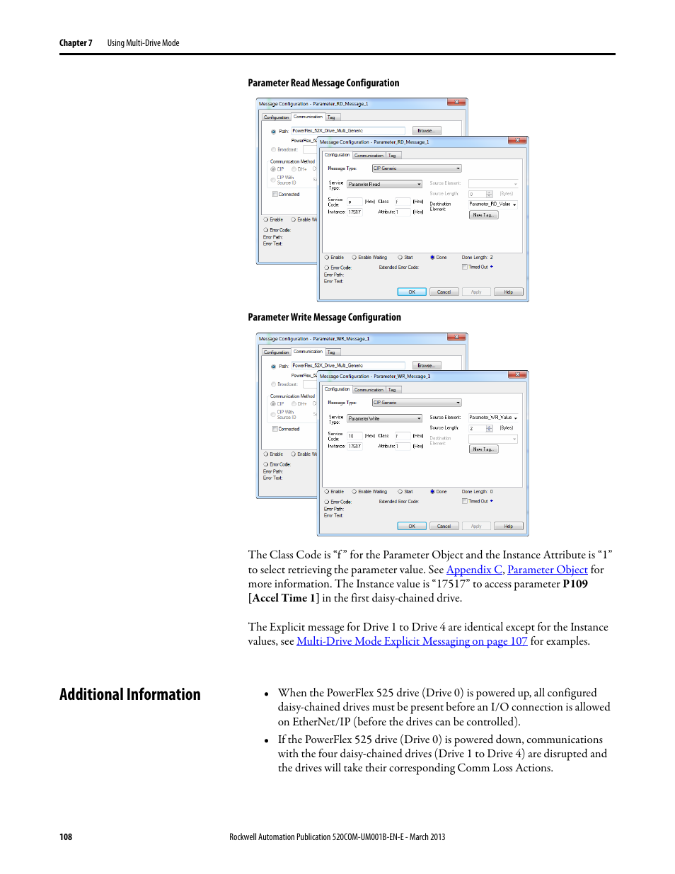 Additional information, Parameter read message configuration on, And t | Parameter write message configuration on | Rockwell Automation 25B PowerFlex 525 Embedded EtherNet/IP Adapter User Manual | Page 108 / 166