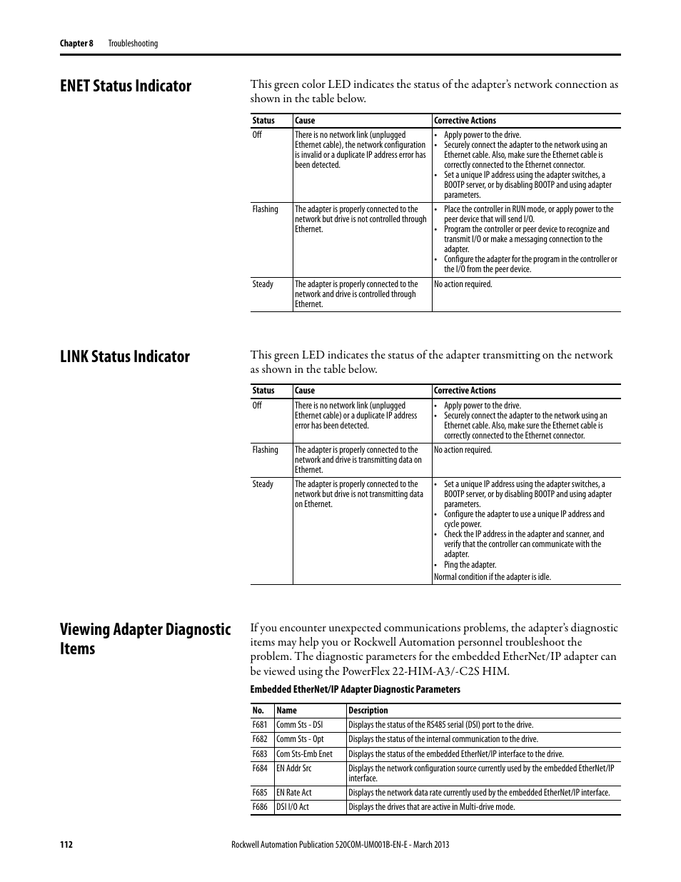 Enet status indicator, Link status indicator, Viewing adapter diagnostic items | Rockwell Automation 25B PowerFlex 525 Embedded EtherNet/IP Adapter User Manual | Page 112 / 166