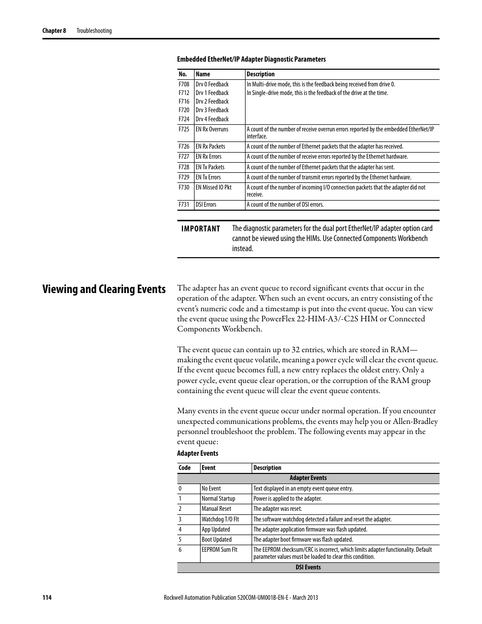 Viewing and clearing events | Rockwell Automation 25B PowerFlex 525 Embedded EtherNet/IP Adapter User Manual | Page 114 / 166