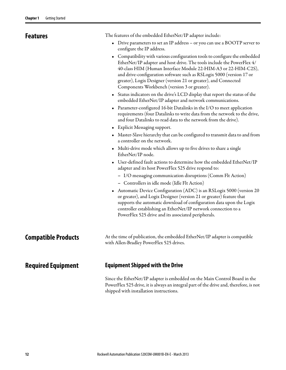 Features, Compatible products, Required equipment | Equipment shipped with the drive, Features compatible products required equipment | Rockwell Automation 25B PowerFlex 525 Embedded EtherNet/IP Adapter User Manual | Page 12 / 166