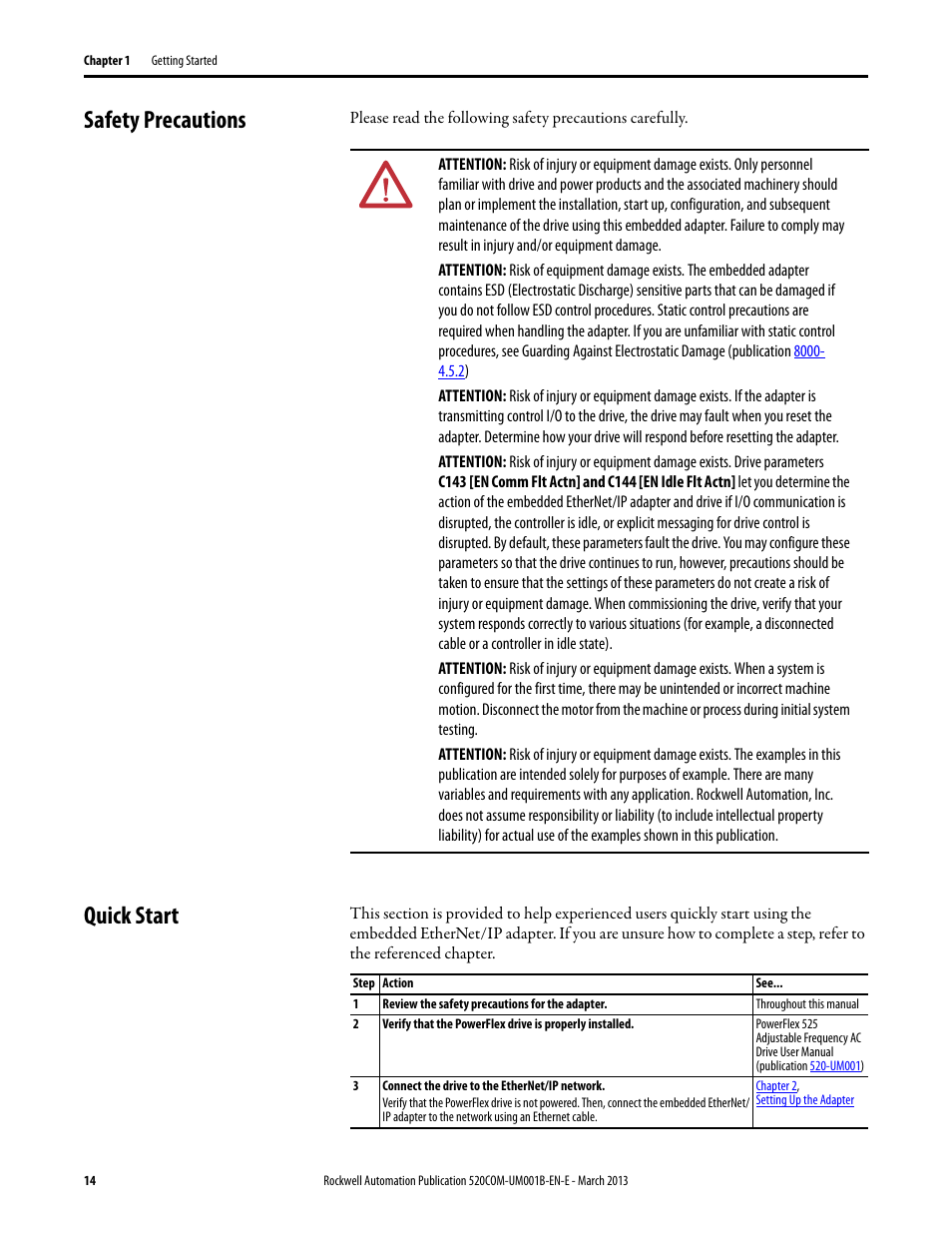 Safety precautions, Quick start, Safety precautions quick start | Rockwell Automation 25B PowerFlex 525 Embedded EtherNet/IP Adapter User Manual | Page 14 / 166