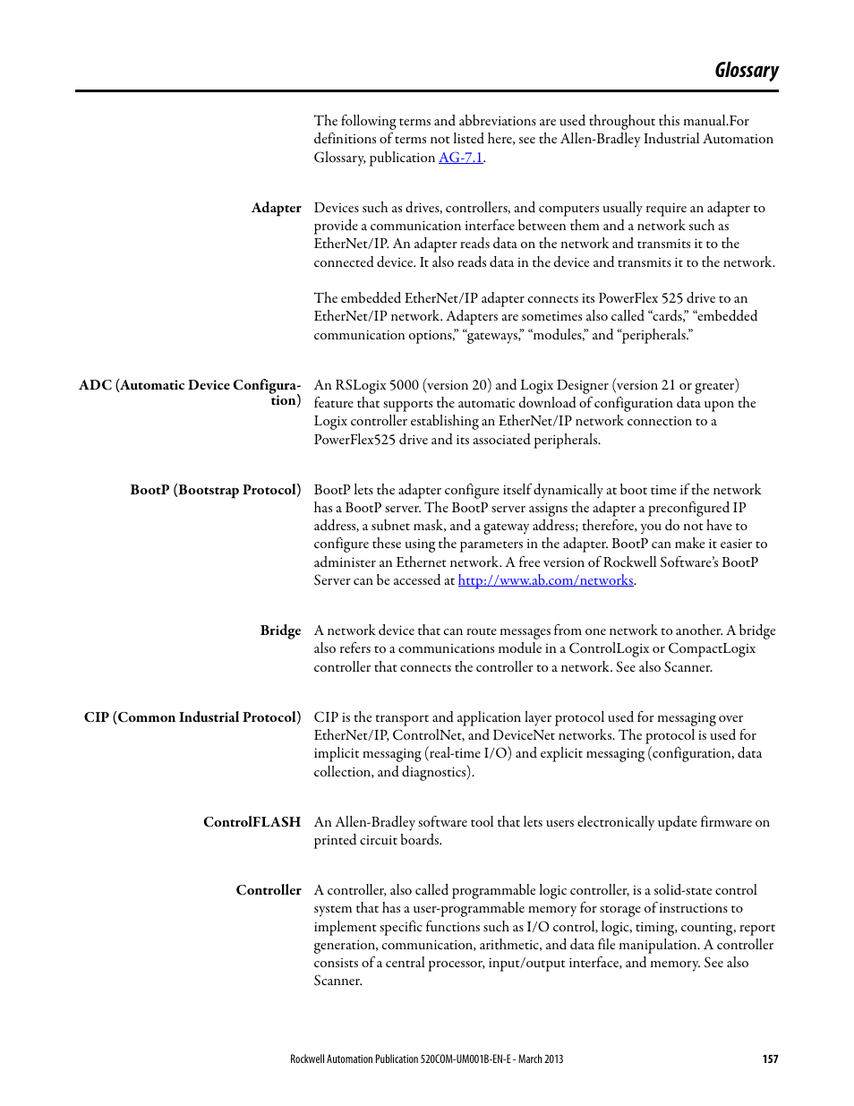 Glossary | Rockwell Automation 25B PowerFlex 525 Embedded EtherNet/IP Adapter User Manual | Page 157 / 166