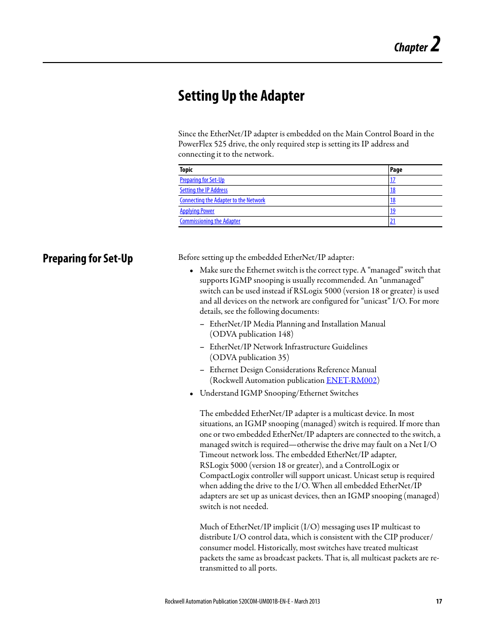 Setting up the adapter, Preparing for set-up, Chapter 2 | Chapter | Rockwell Automation 25B PowerFlex 525 Embedded EtherNet/IP Adapter User Manual | Page 17 / 166