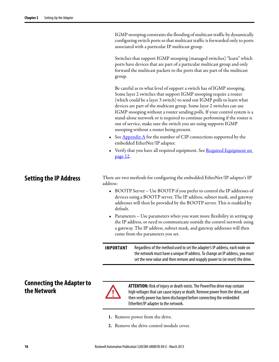 Setting the ip address, Connecting the adapter to the network | Rockwell Automation 25B PowerFlex 525 Embedded EtherNet/IP Adapter User Manual | Page 18 / 166