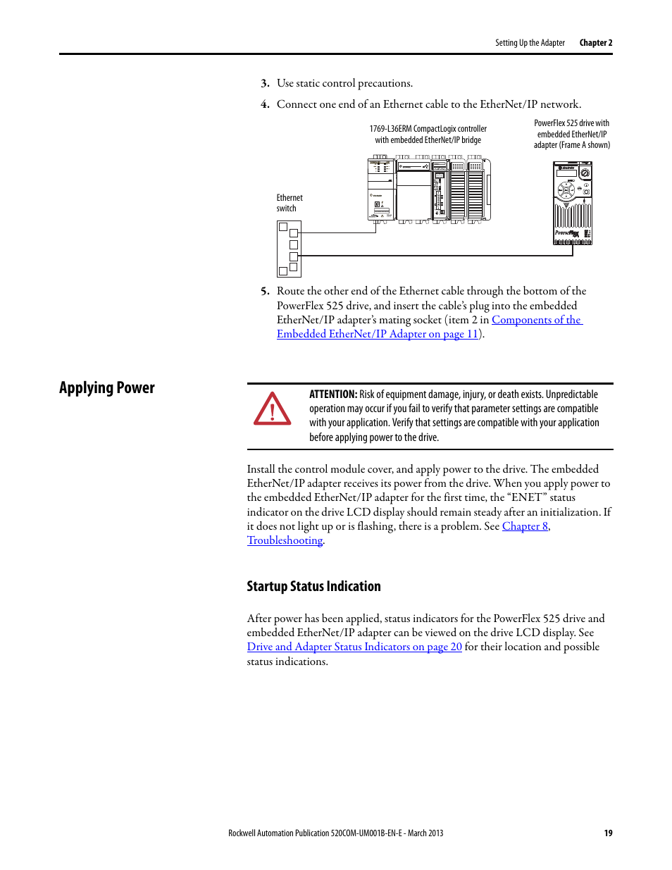 Applying power, Startup status indication, For p | Rockwell Automation 25B PowerFlex 525 Embedded EtherNet/IP Adapter User Manual | Page 19 / 166