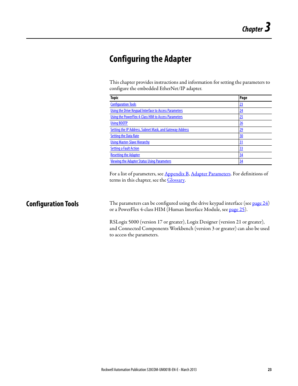 Configuring the adapter, Configuration tools, Chapter 3 | Chapter | Rockwell Automation 25B PowerFlex 525 Embedded EtherNet/IP Adapter User Manual | Page 23 / 166