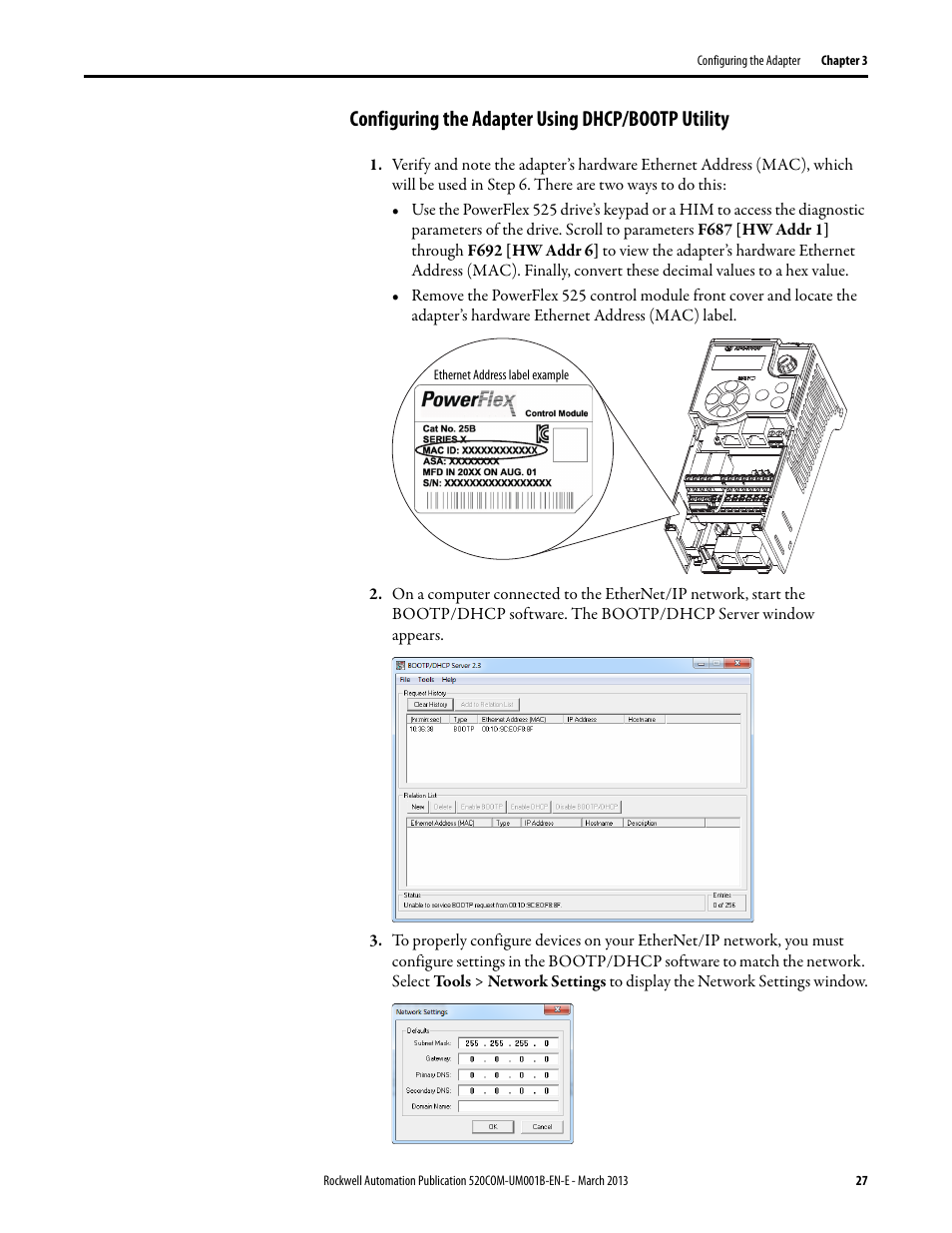 Configuring the adapter using dhcp/bootp utility | Rockwell Automation 25B PowerFlex 525 Embedded EtherNet/IP Adapter User Manual | Page 27 / 166