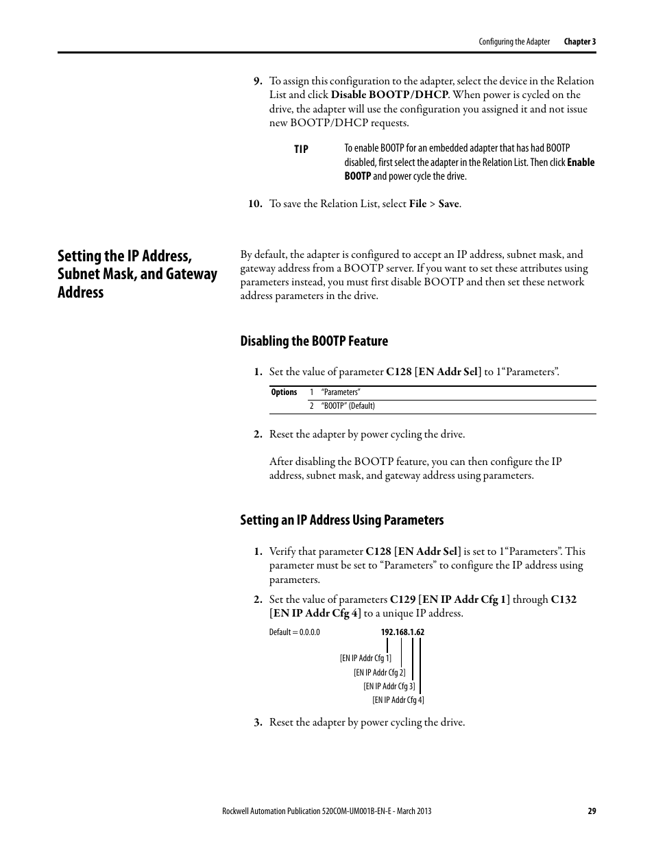 Disabling the bootp feature, Setting an ip address using parameters | Rockwell Automation 25B PowerFlex 525 Embedded EtherNet/IP Adapter User Manual | Page 29 / 166