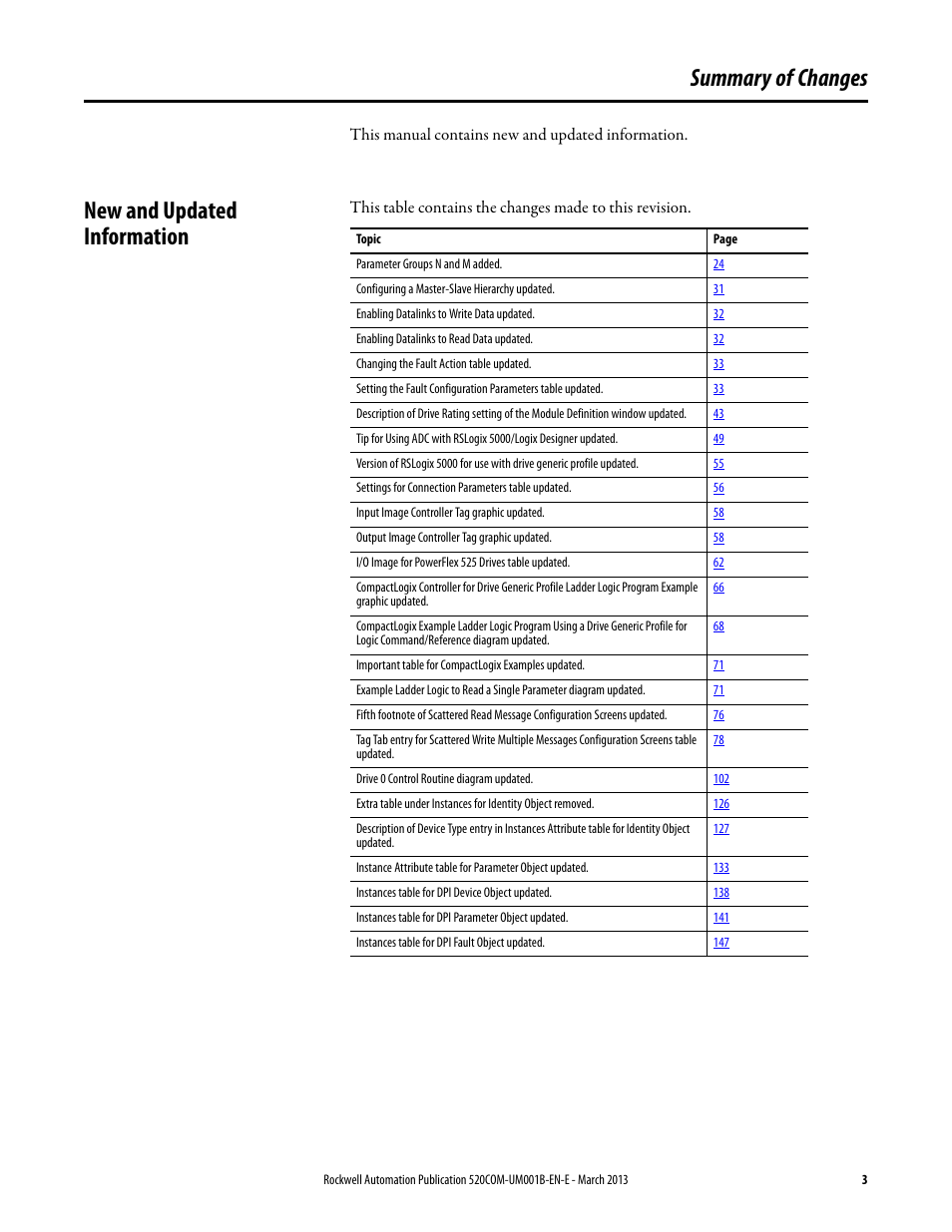 Summary of changes, New and updated information | Rockwell Automation 25B PowerFlex 525 Embedded EtherNet/IP Adapter User Manual | Page 3 / 166