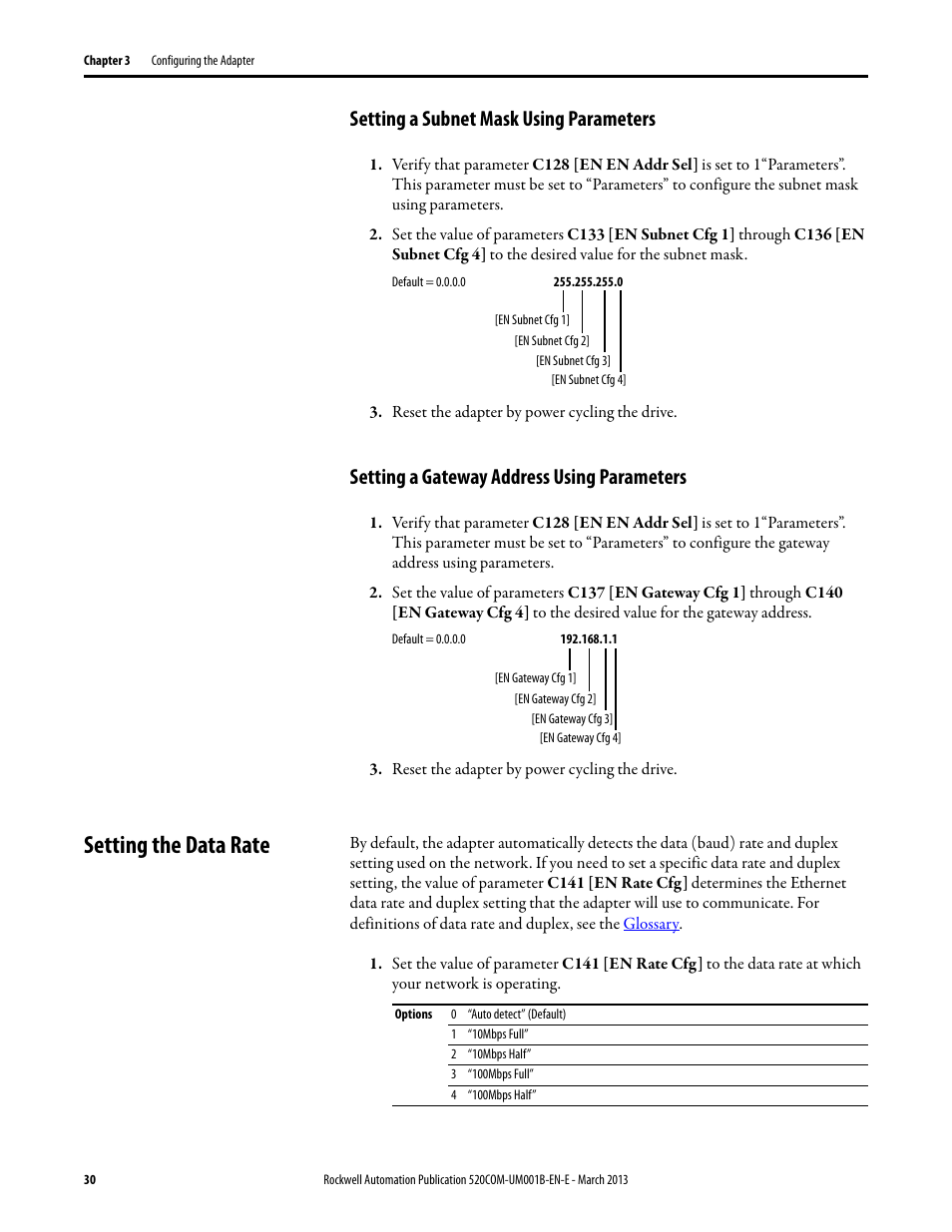 Setting a subnet mask using parameters, Setting a gateway address using parameters, Setting the data rate | Rockwell Automation 25B PowerFlex 525 Embedded EtherNet/IP Adapter User Manual | Page 30 / 166