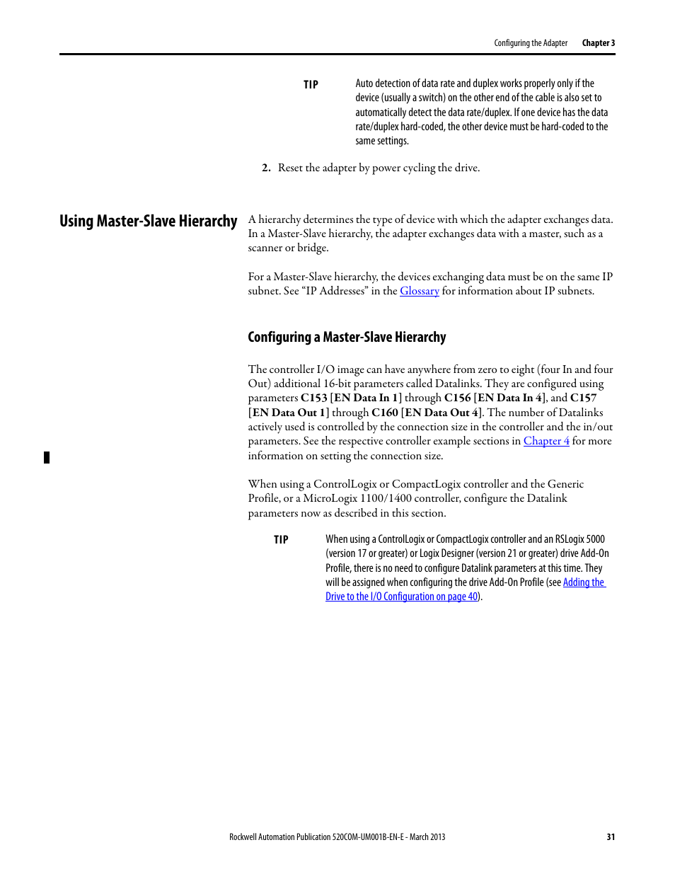 Using master-slave hierarchy, Configuring a master-slave hierarchy | Rockwell Automation 25B PowerFlex 525 Embedded EtherNet/IP Adapter User Manual | Page 31 / 166