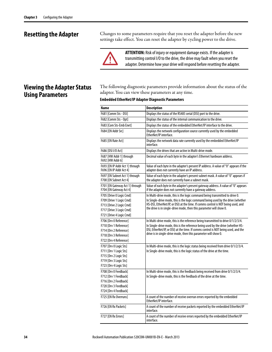 Resetting the adapter, Viewing the adapter status using parameters | Rockwell Automation 25B PowerFlex 525 Embedded EtherNet/IP Adapter User Manual | Page 34 / 166