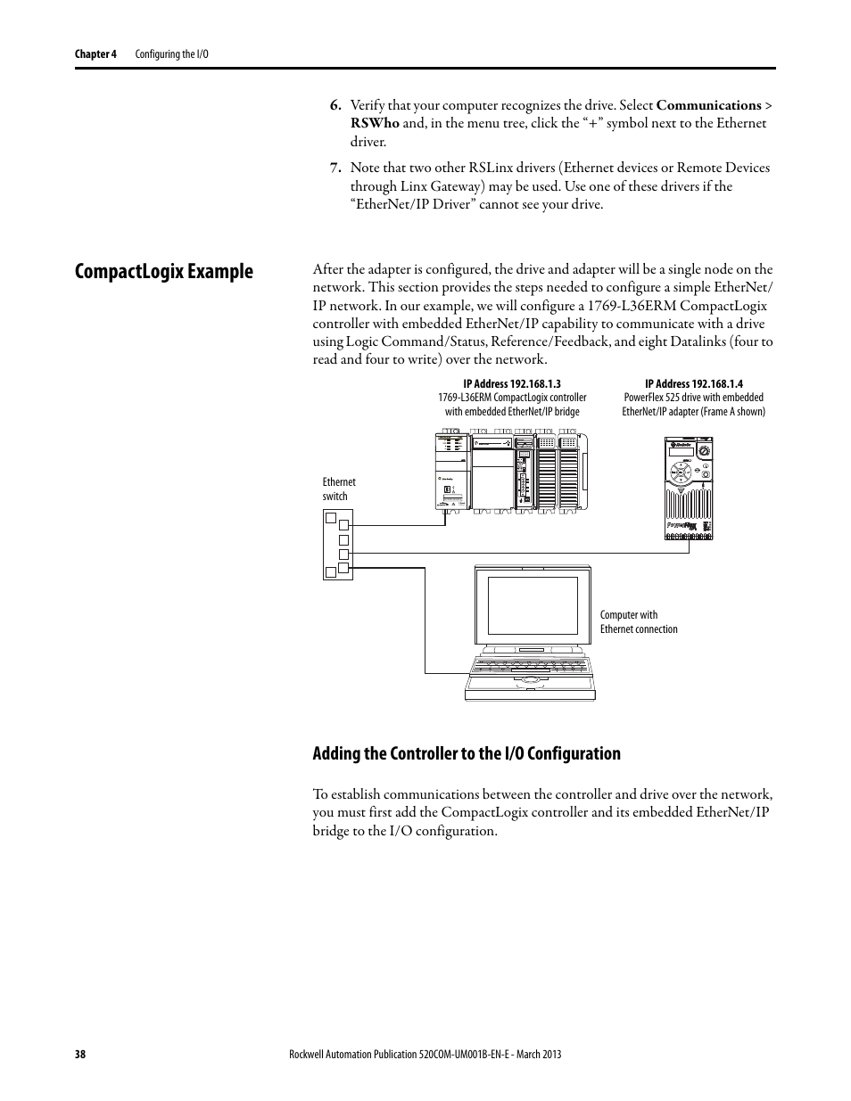 Compactlogix example, Adding the controller to the i/o configuration | Rockwell Automation 25B PowerFlex 525 Embedded EtherNet/IP Adapter User Manual | Page 38 / 166