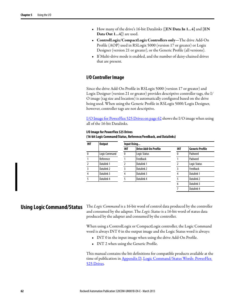 I/o controller image, Using logic command/status | Rockwell Automation 25B PowerFlex 525 Embedded EtherNet/IP Adapter User Manual | Page 62 / 166