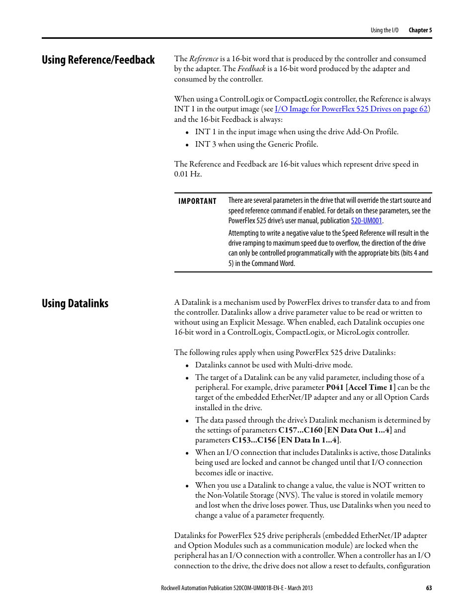 Using reference/feedback, Using datalinks, Using reference/feedback using datalinks | Rockwell Automation 25B PowerFlex 525 Embedded EtherNet/IP Adapter User Manual | Page 63 / 166