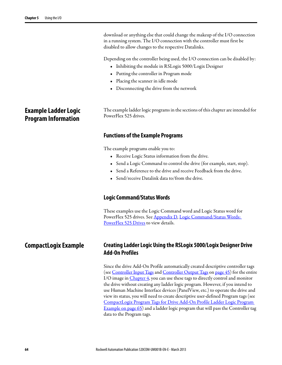 Example ladder logic program information, Functions of the example programs, Logic command/status words | Compactlogix example | Rockwell Automation 25B PowerFlex 525 Embedded EtherNet/IP Adapter User Manual | Page 64 / 166