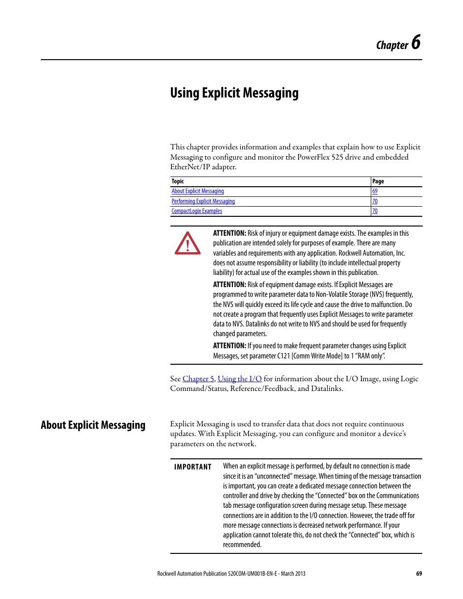 Using explicit messaging, About explicit messaging, Chapter 6 | Chapter | Rockwell Automation 25B PowerFlex 525 Embedded EtherNet/IP Adapter User Manual | Page 69 / 166