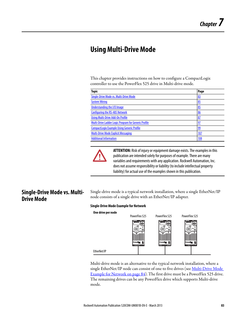 Using multi-drive mode, Single-drive mode vs. multi- drive mode, Chapter 7 | Single-drive mode vs. multi-drive mode, Chapter | Rockwell Automation 25B PowerFlex 525 Embedded EtherNet/IP Adapter User Manual | Page 83 / 166