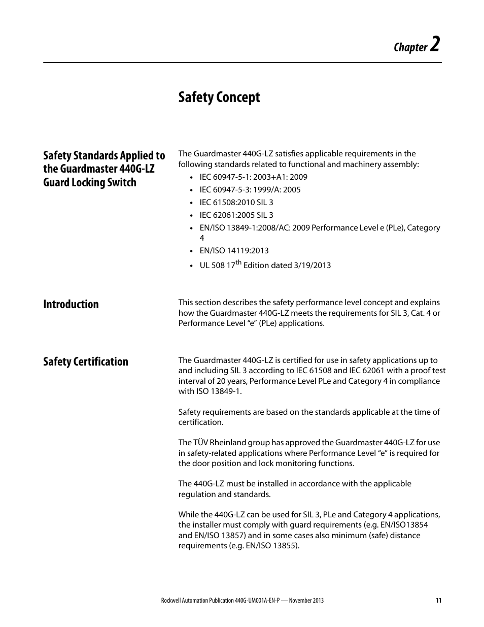 Chap02_new, Safety concept, Chapter | Introduction, Safety certification | Rockwell Automation 440G-LZ Guard Locking Switch User Manual User Manual | Page 11 / 40