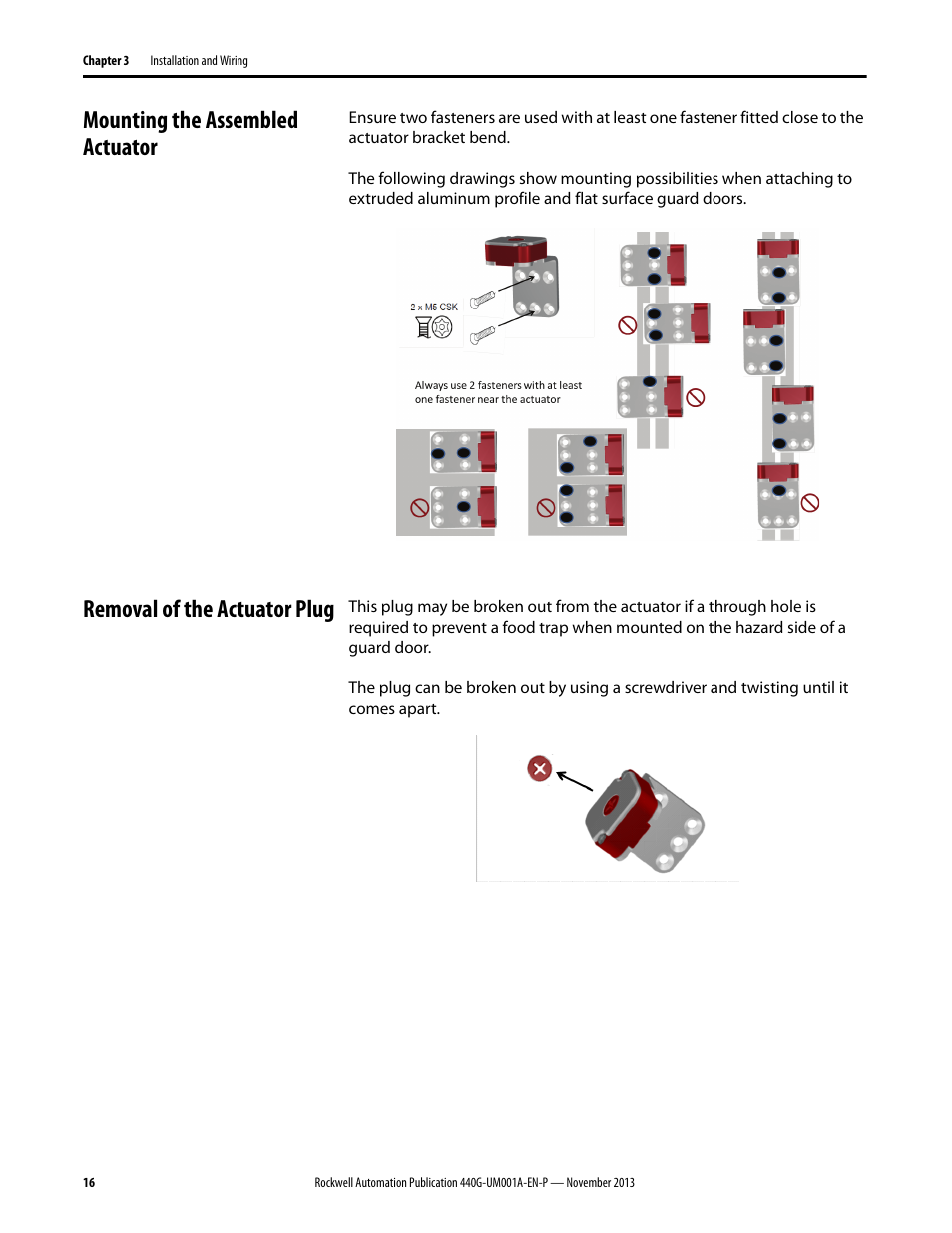 Mounting the assembled actuator, Removal of the actuator plug | Rockwell Automation 440G-LZ Guard Locking Switch User Manual User Manual | Page 16 / 40