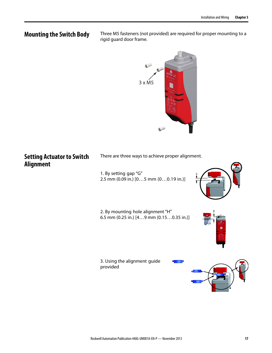 Mounting the switch body, Setting actuator to switch alignment | Rockwell Automation 440G-LZ Guard Locking Switch User Manual User Manual | Page 17 / 40