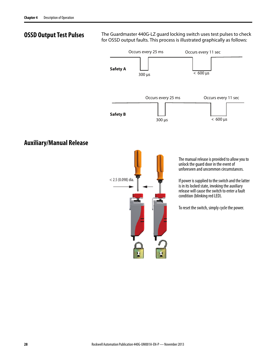 Ossd output test pulses, Auxiliary/manual release | Rockwell Automation 440G-LZ Guard Locking Switch User Manual User Manual | Page 28 / 40
