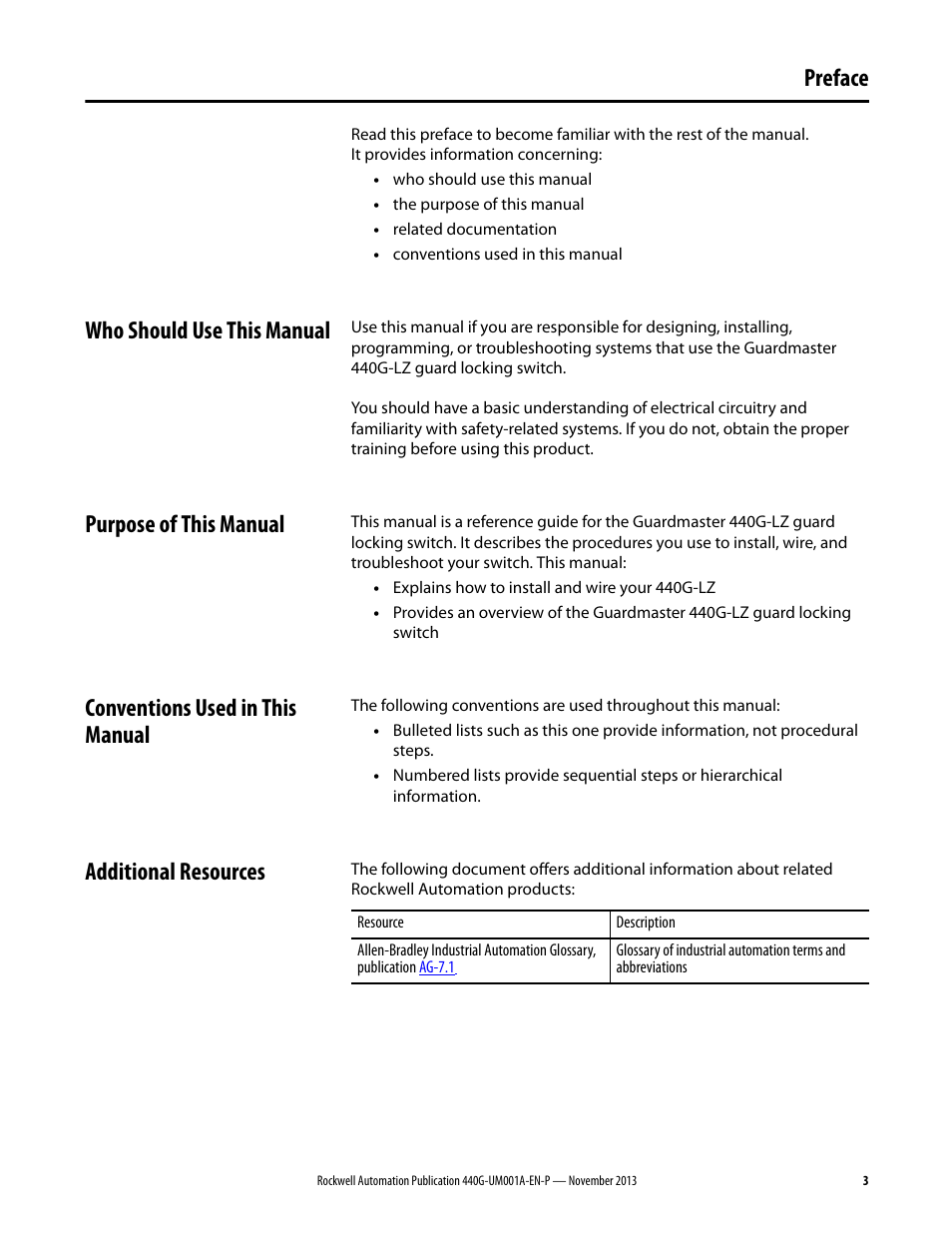 C preface, Preface, Who should use this manual | Purpose of this manual, Conventions used in this manual, Additional resources | Rockwell Automation 440G-LZ Guard Locking Switch User Manual User Manual | Page 3 / 40