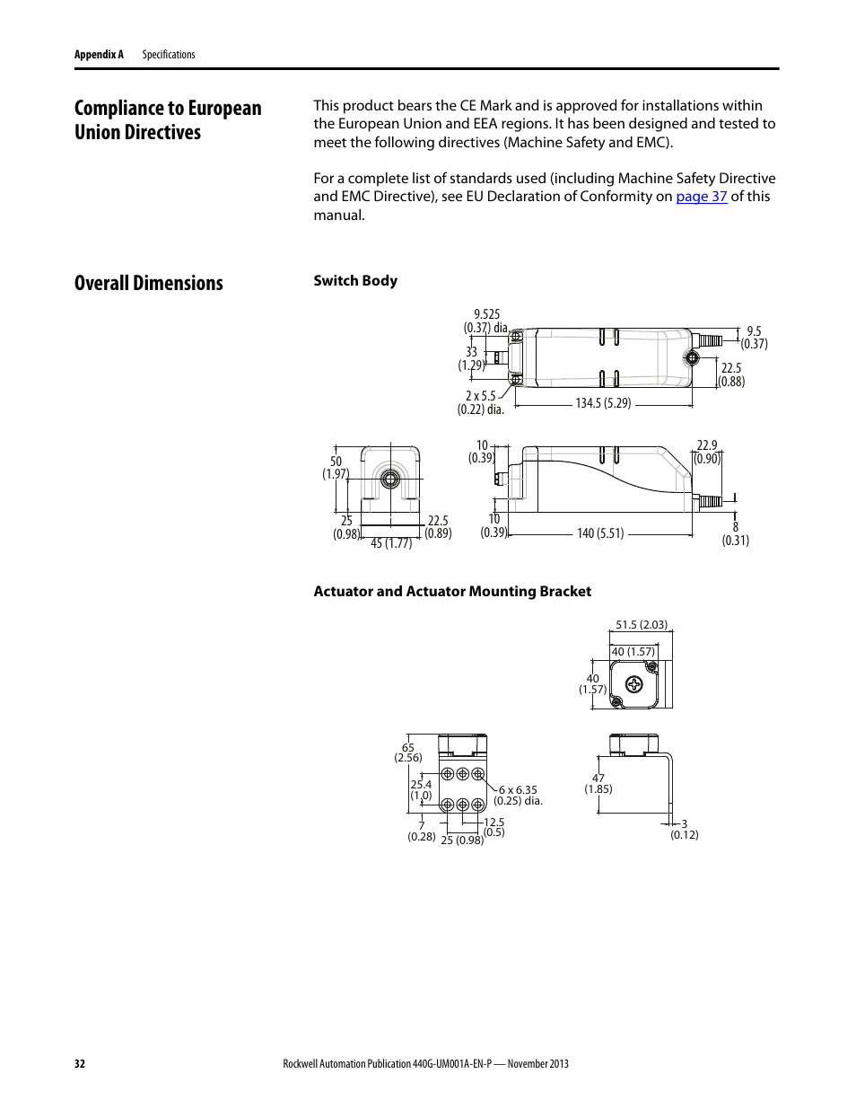 Compliance to european union directives, Overall dimensions | Rockwell Automation 440G-LZ Guard Locking Switch User Manual User Manual | Page 32 / 40