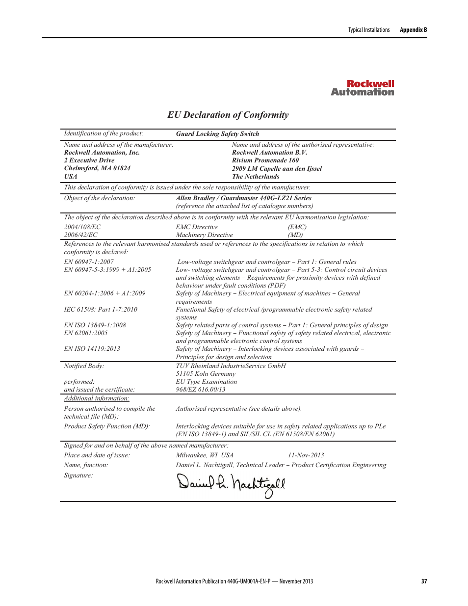 Eu declaration of conformity | Rockwell Automation 440G-LZ Guard Locking Switch User Manual User Manual | Page 37 / 40