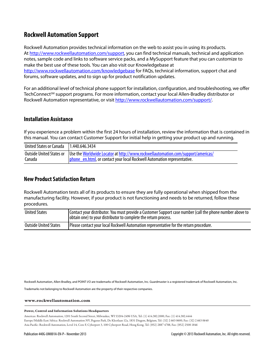 Rockwell automation support, Installation assistance, New product satisfaction return | Rockwell Automation 440G-LZ Guard Locking Switch User Manual User Manual | Page 40 / 40