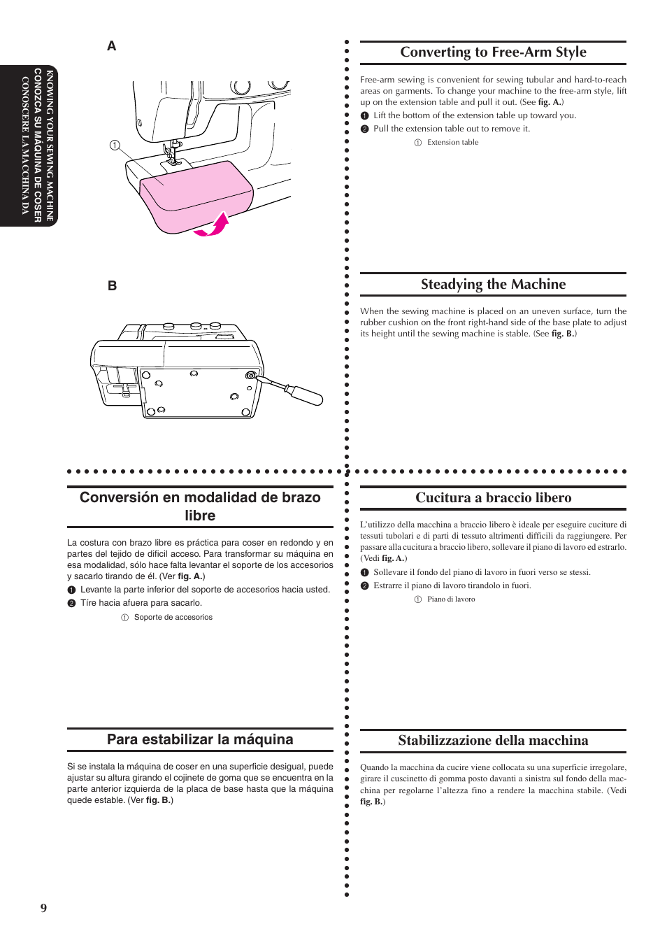Cucitura a braccio libero, Stabilizzazione della macchina, Converting to free-arm style | Steadying the machine, Conversión en modalidad de brazo libre, Para estabilizar la máquina | Brother XL5100 User Manual | Page 17 / 85