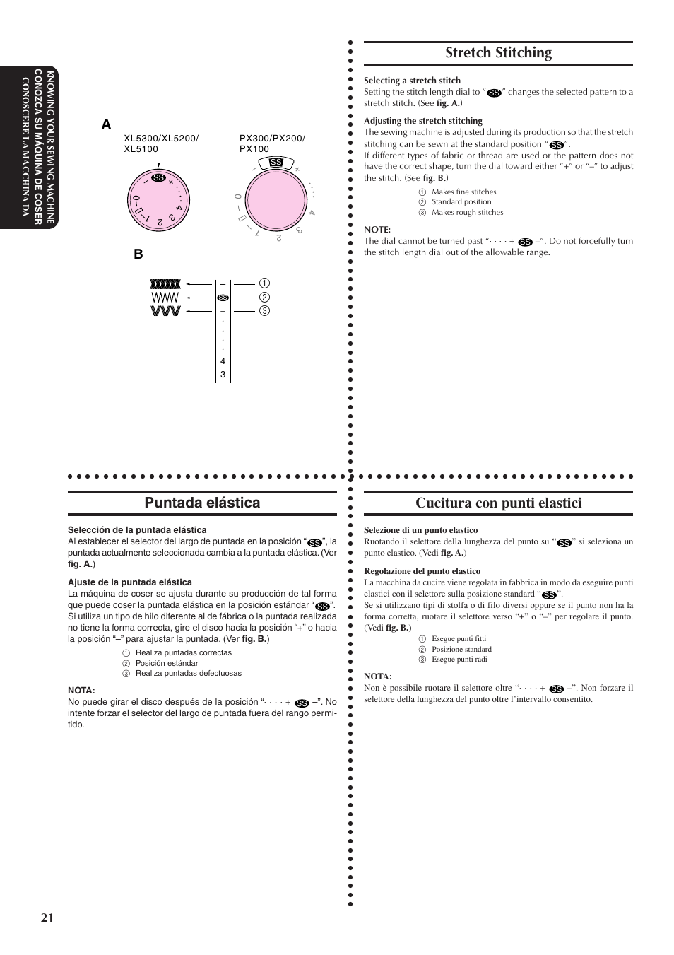 Stretch stitching, Puntada elástica, Cucitura con punti elastici | Brother XL5100 User Manual | Page 29 / 85
