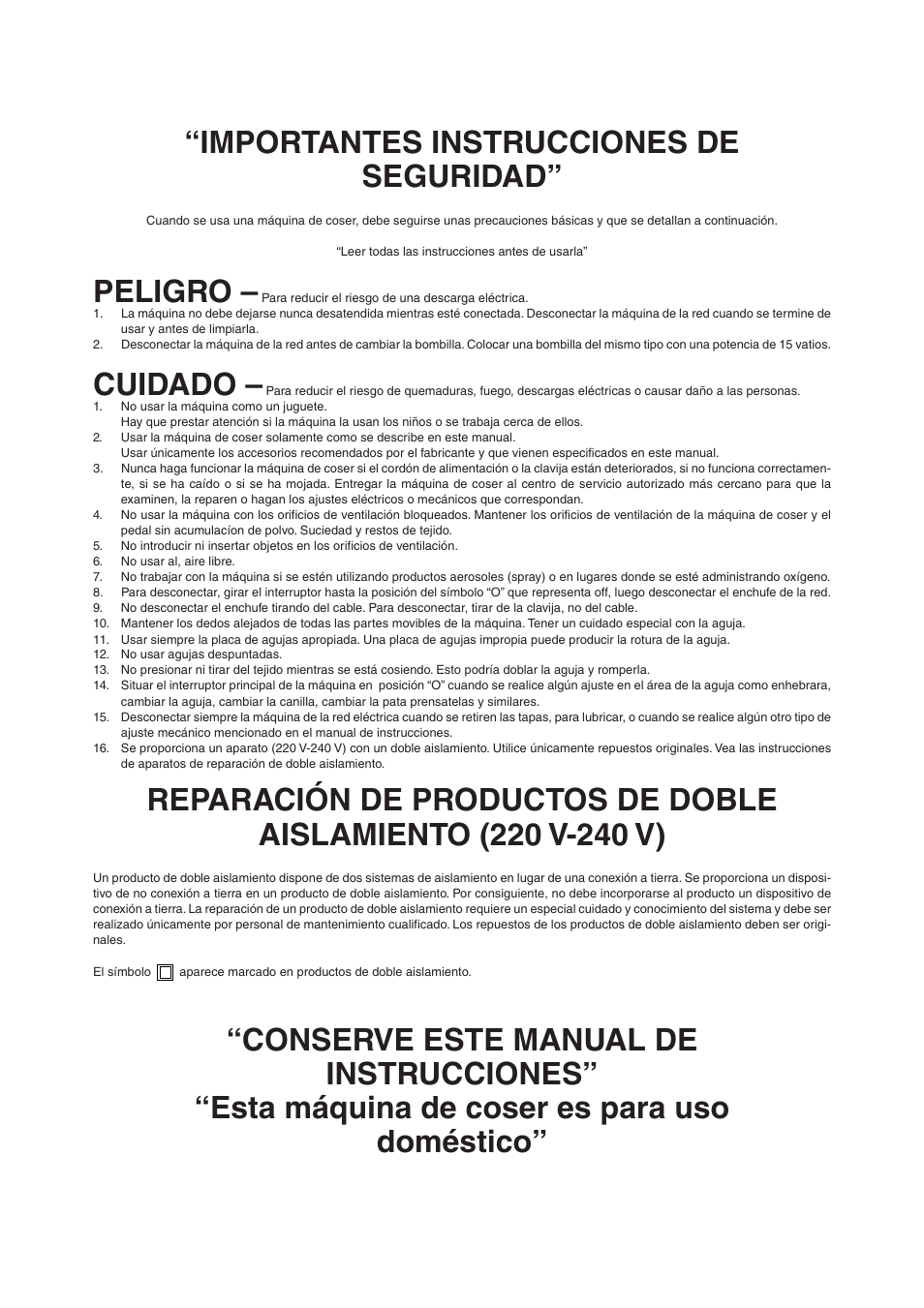 Importantes instrucciones de seguridad, Peligro, Cuidado | Brother XL5100 User Manual | Page 3 / 85