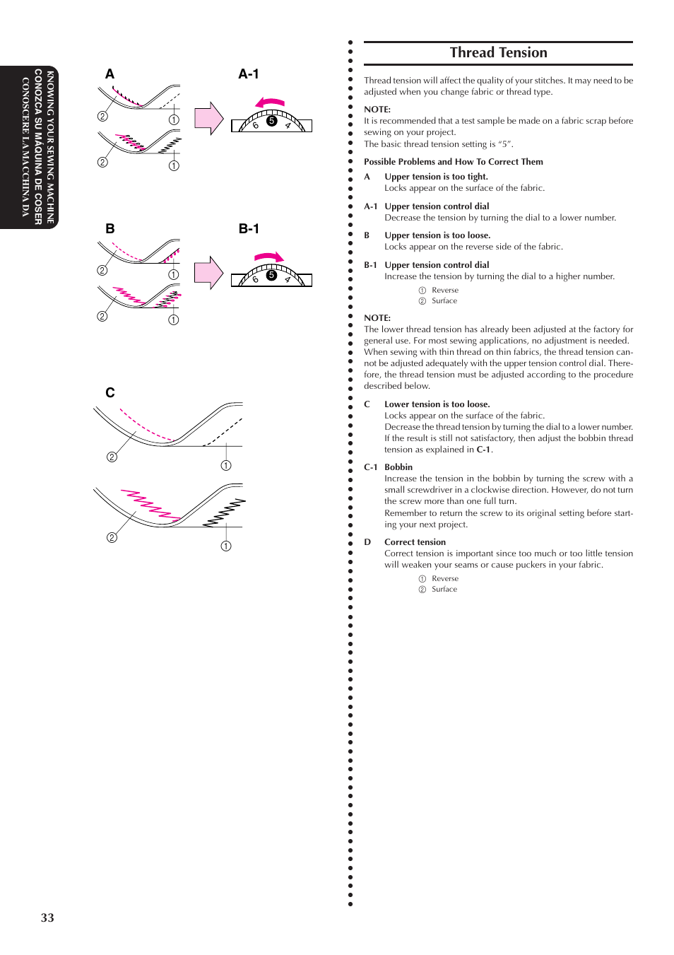 Thread tension, A-1 a, B-1 b c | Brother XL5100 User Manual | Page 41 / 85