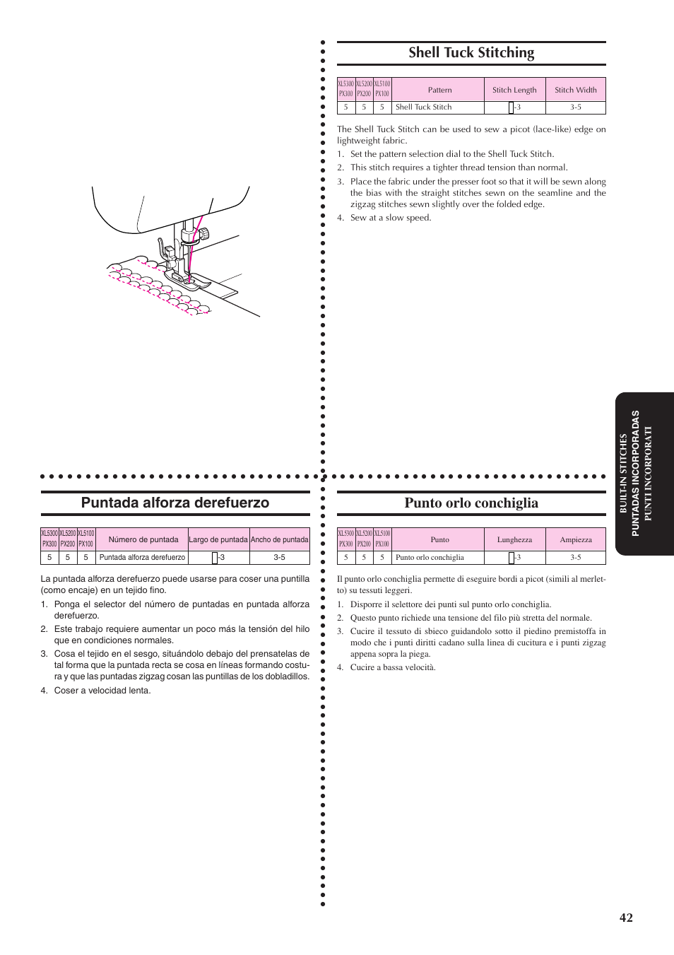 Shell tuck stitching, Puntada alforza derefuerzo, Punto orlo conchiglia | Brother XL5100 User Manual | Page 50 / 85