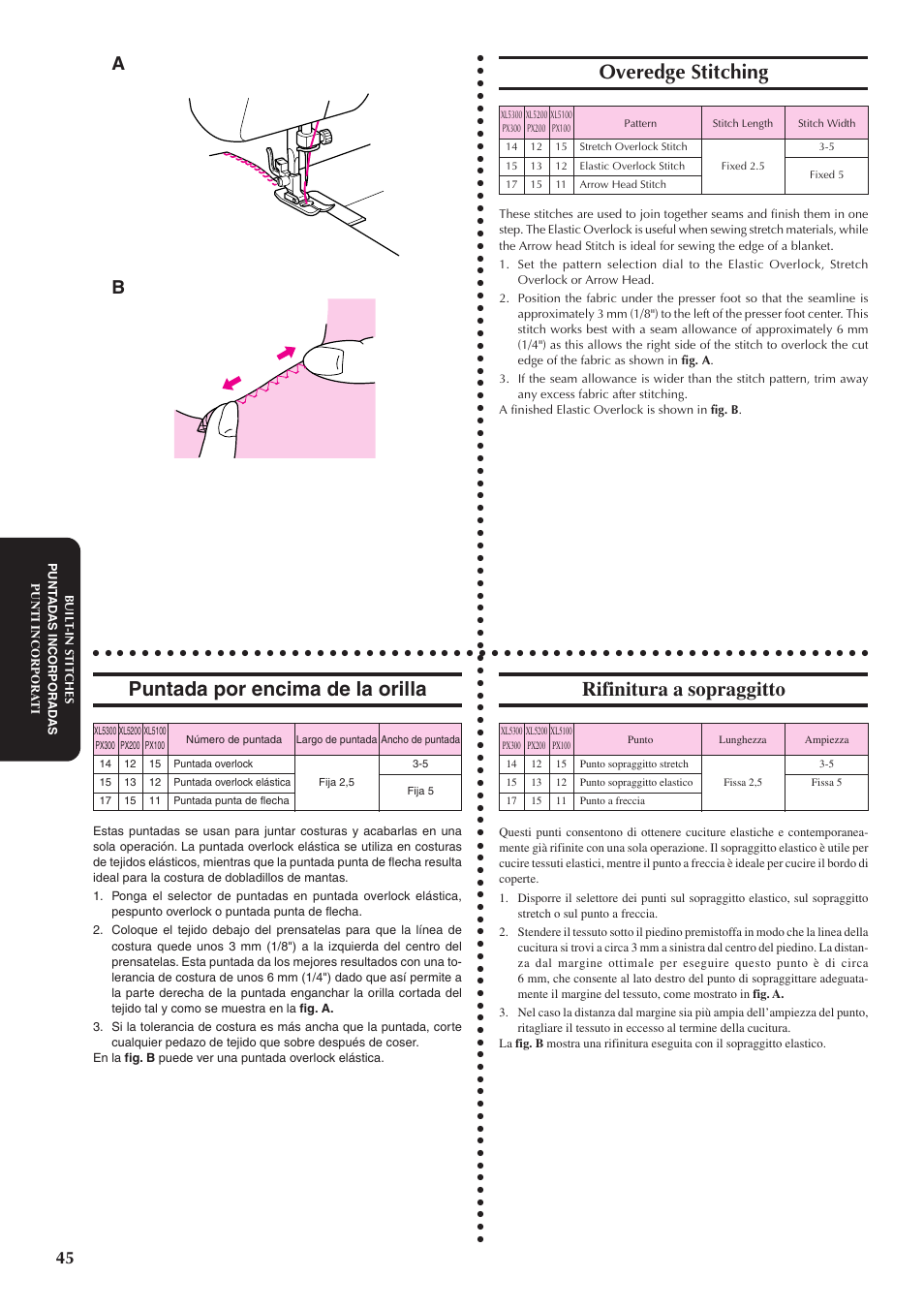 Overedge stitching, Puntada por encima de la orilla, Rifinitura a sopraggitto | Brother XL5100 User Manual | Page 53 / 85