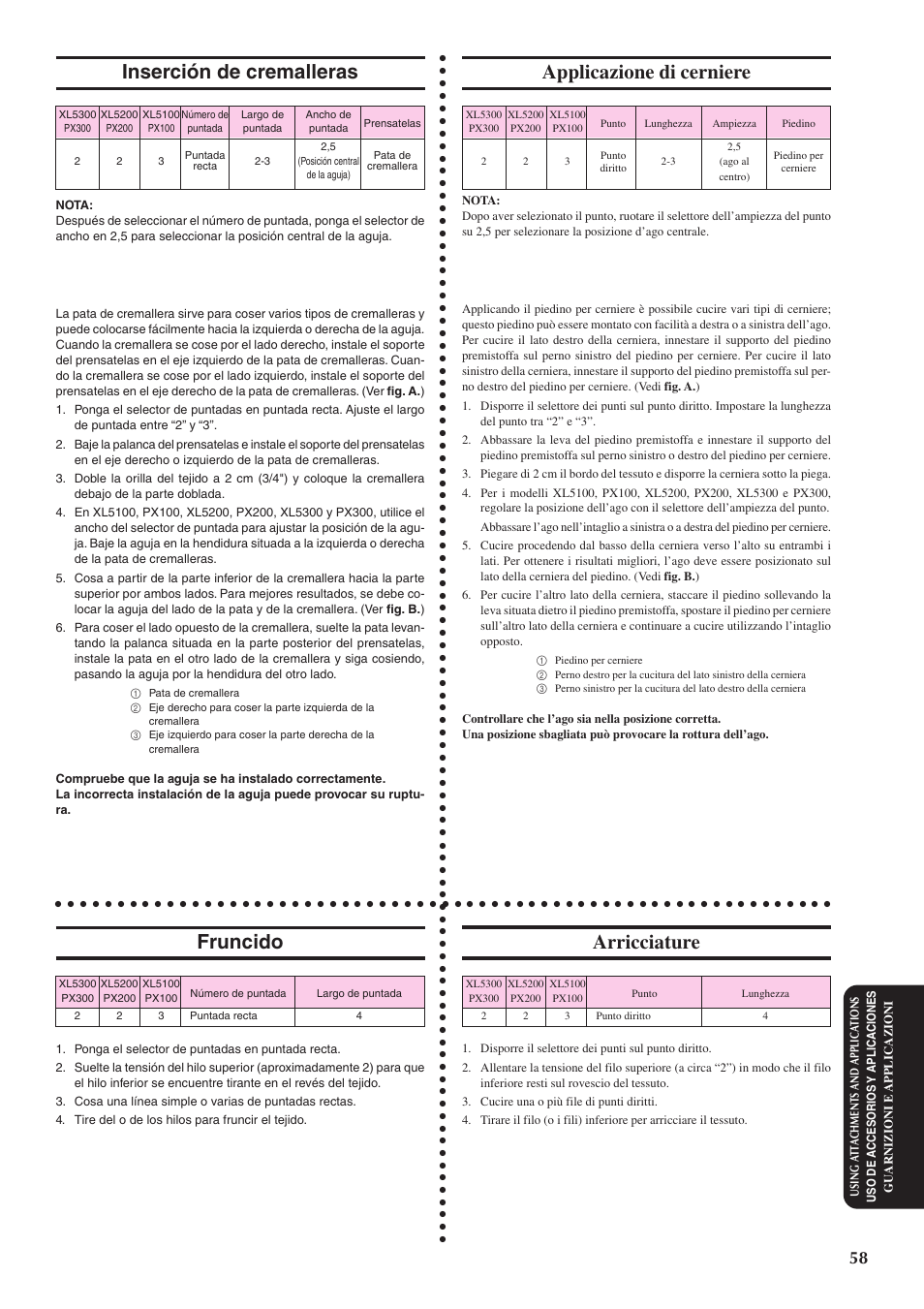 Inserción de cremalleras, Fruncido, Applicazione di cerniere | Arricciature | Brother XL5100 User Manual | Page 66 / 85