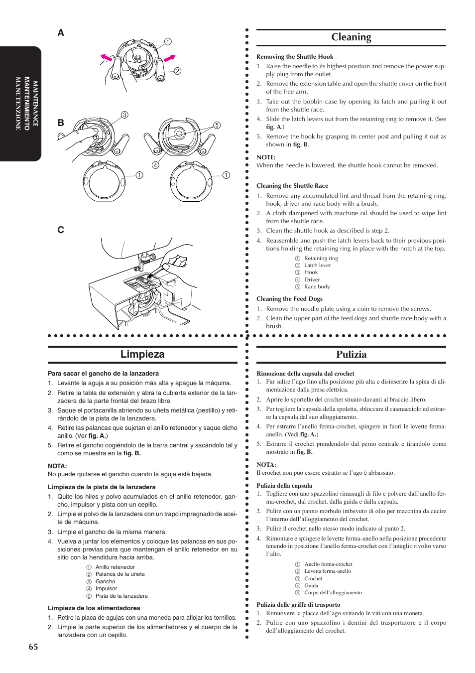 Cleaning, Limpieza, Pulizia | Brother XL5100 User Manual | Page 73 / 85