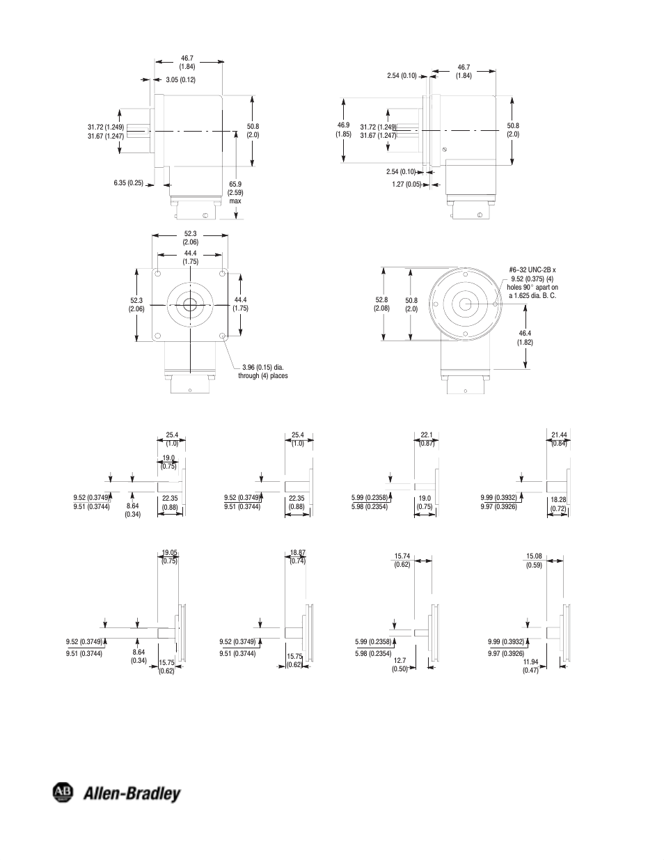 Dimensions—mm (inches), Shaft options—square flange mount, Shaft options—english servo mount | Rockwell Automation 845GM Absolute Encoder, Size 20 User Manual | Page 4 / 4