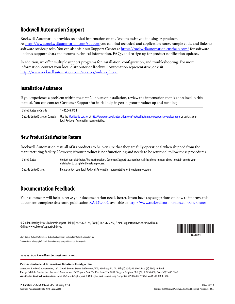 Rockwell automation support, Documentation feedback, Installation assistance | New product satisfaction return | Rockwell Automation 20G PowerFlex 750-Series EMC Plate and Cores - Frames 1…7 User Manual | Page 10 / 10