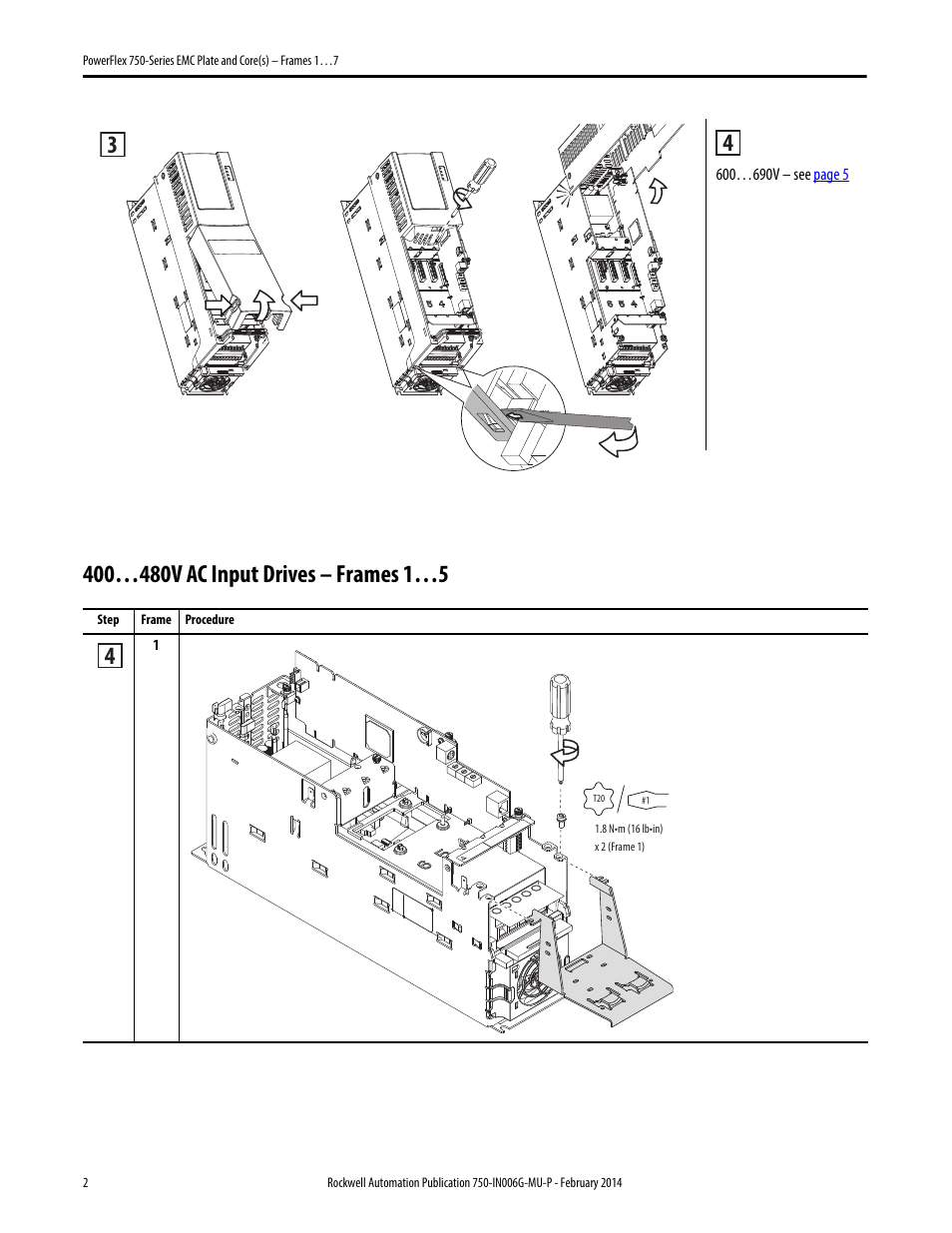 400…480v ac input drives – frames 1…5 | Rockwell Automation 20G PowerFlex 750-Series EMC Plate and Cores - Frames 1…7 User Manual | Page 2 / 10