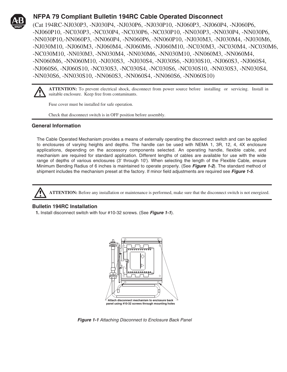 Rockwell Automation 194RC-Nxxxx NFPA 79 Compliant Cable Operated Disconnect User Manual | 4 pages