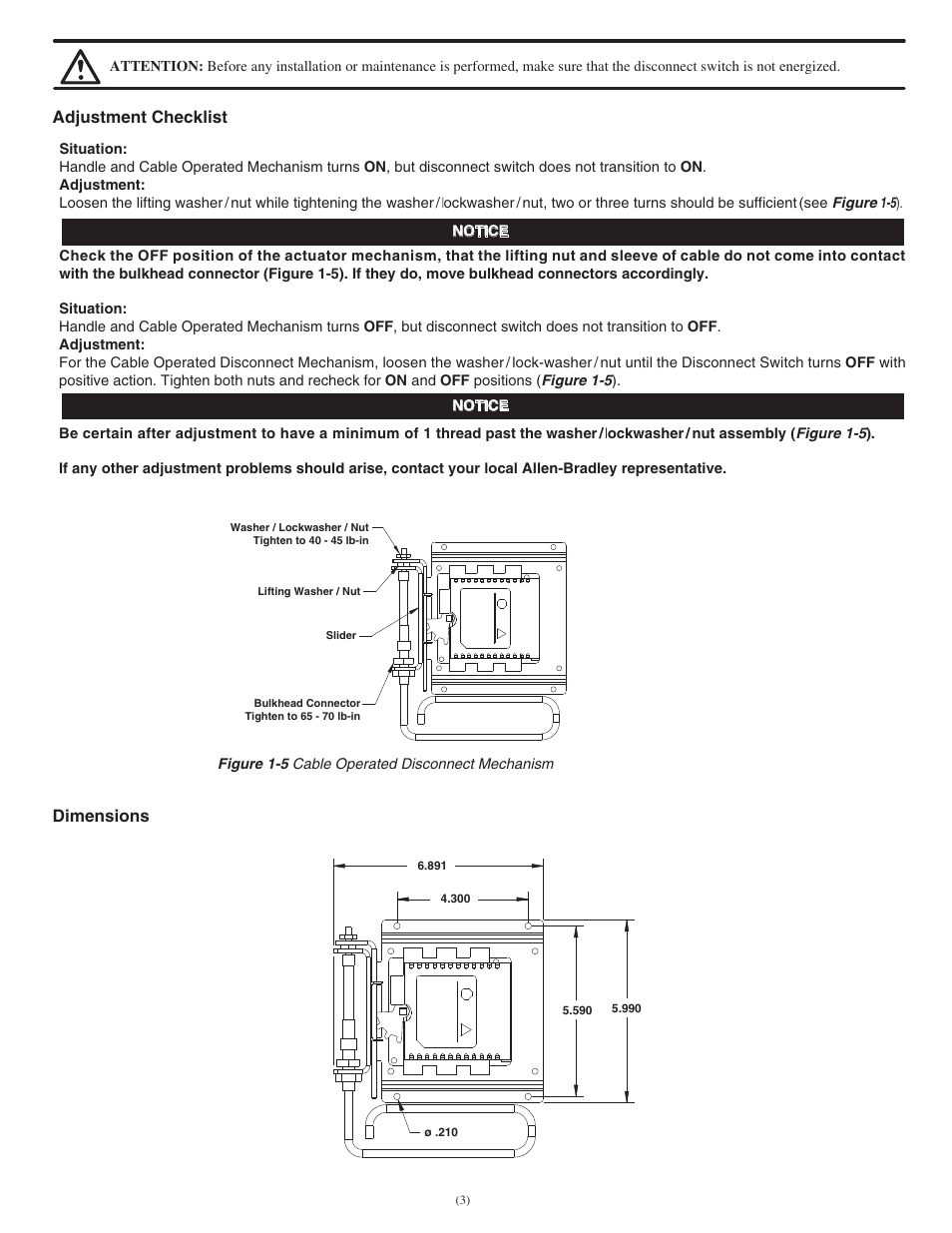 Adjustment checklist dimensions | Rockwell Automation 194RC-Nxxxx NFPA 79 Compliant Cable Operated Disconnect User Manual | Page 3 / 4