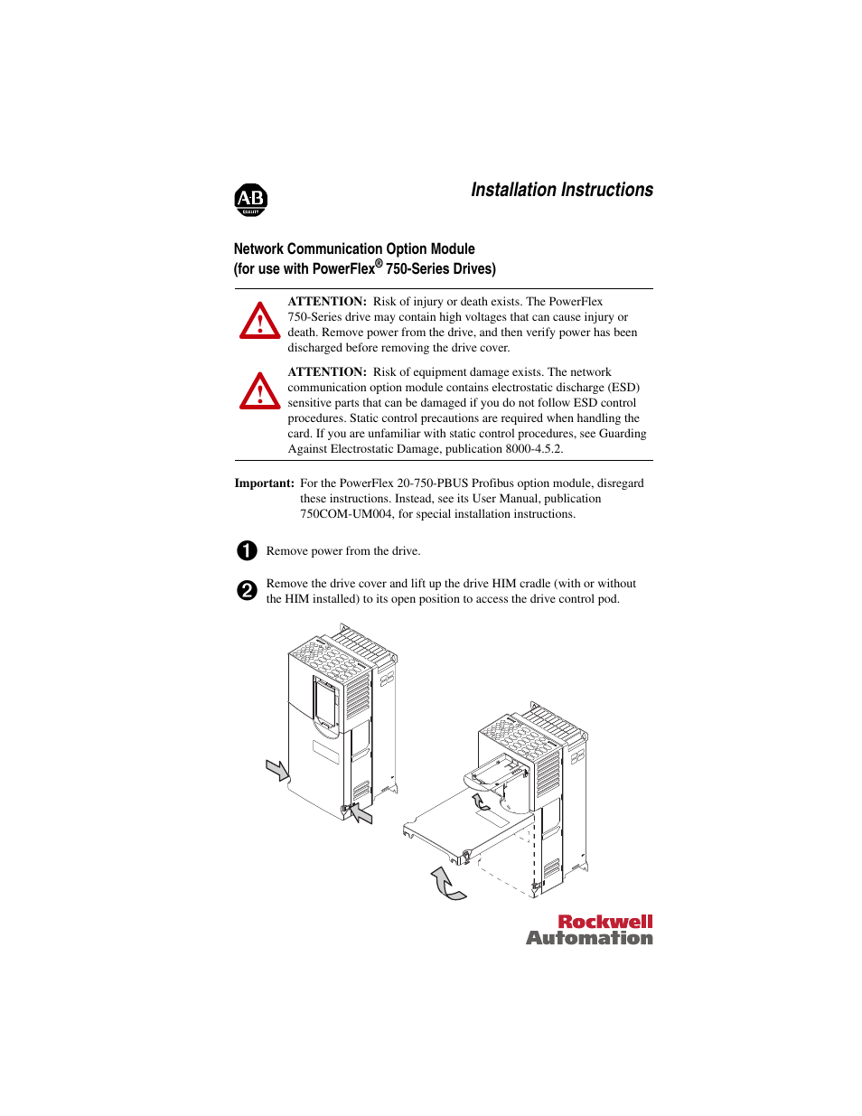 Rockwell Automation 20-750-xxxx Network Communication Option Card (for use with PowerFlex 750-Series Drives) User Manual | 4 pages