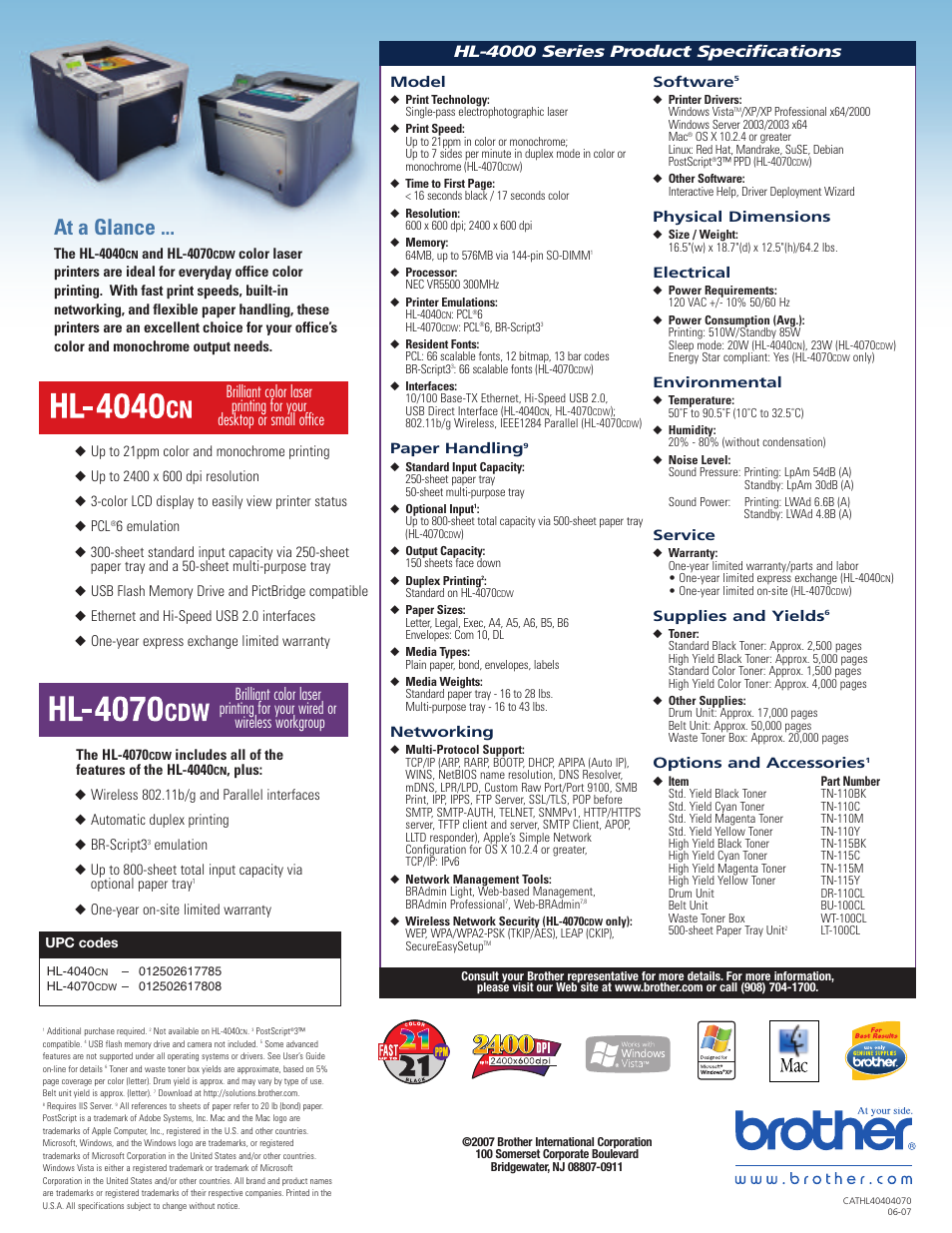 At a glance | Brother HL-4000 User Manual | Page 4 / 4