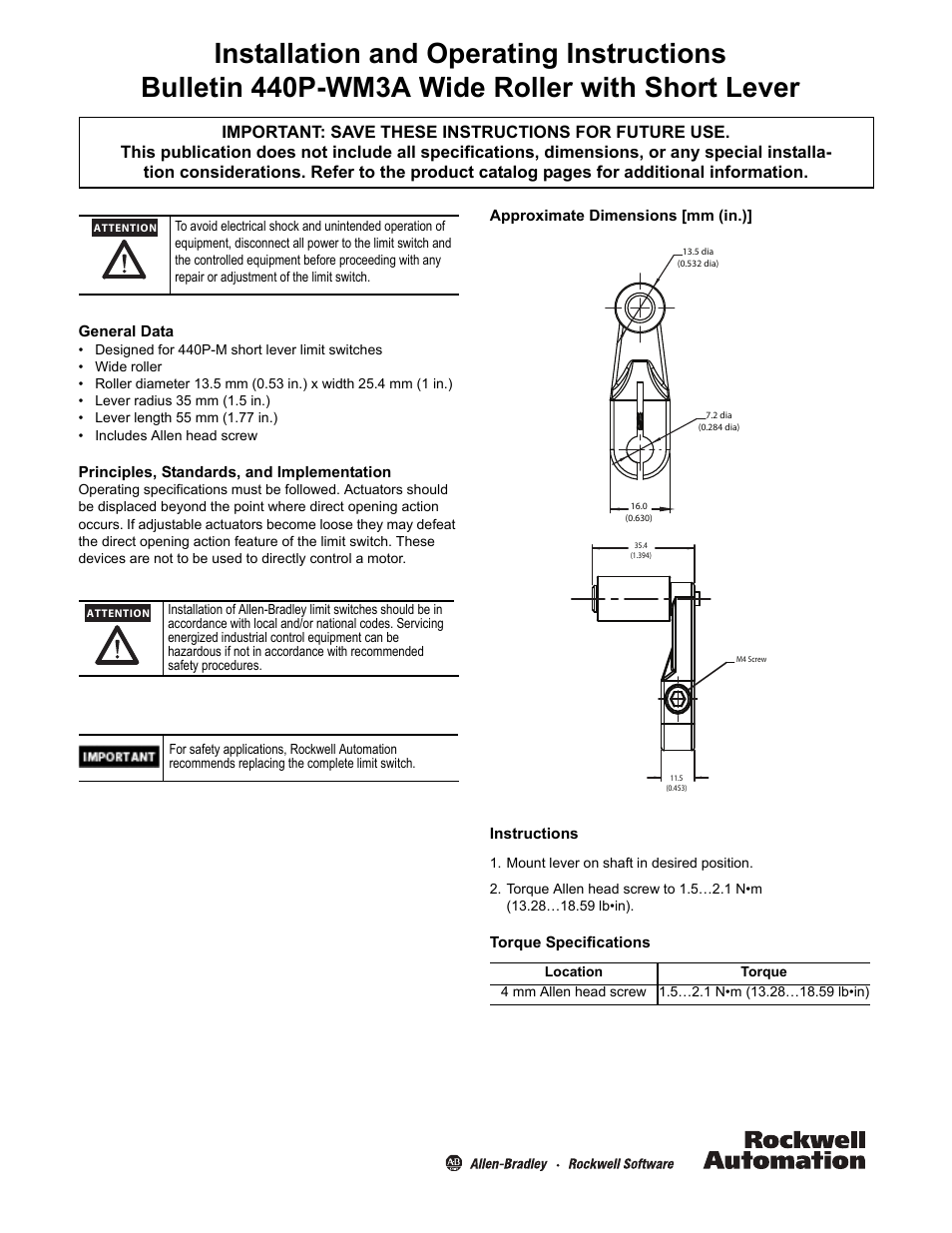 Rockwell Automation 440P WM3A Wide Roller with Short Lever User Manual | 2 pages